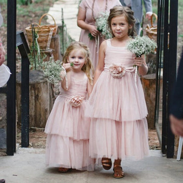 Cute Square Neck Pink Tulle Long Cheap Flower Girl Dresses with Handmade Flower, QB0108