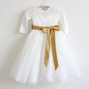 Cute A-Line Open Back Long Sleeves Tulle Long Cheap Flower Girl Dresses with Bow Knot, QB0100