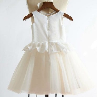 Cute Round Neck Tulle Long Cheap Flower Girl Dresses with Ruffles, QB0105