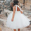 Lovely Ball Gown Halter Backless White Long Cheap Tulle Flower Girl Dresses, QB0094