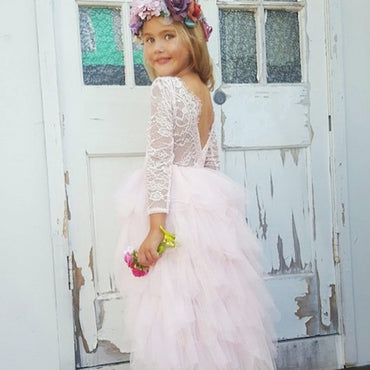Cute Round Neck Backless Asymmetry Blush Pink Flower Girl Dresses with Lace, QB0088