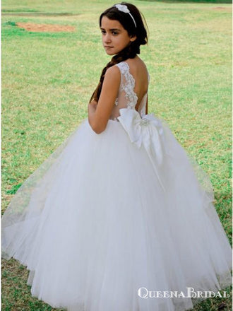 A-Line Scoop Neck Sleeveless White Floor Length Flower Girl Dresses, QB0825