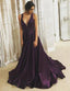 A-Line V-Neck Long Grape Satin Cheap Prom Dresses with Beading, QB0689