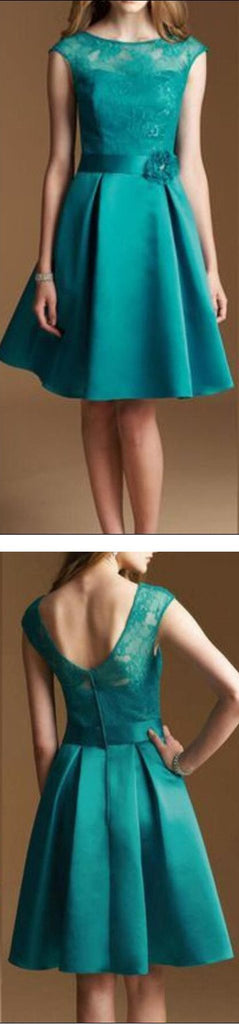 Junior Cap Sleeve Lace Top Satin Teal Green Knee-Length Inexpensive Bridesmaid Dresses, WG37
