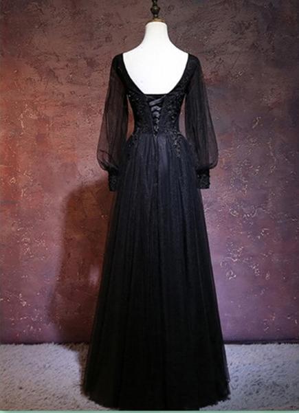 Elegant Black Tulle A-Line Prom Dress with Long Puff Sleeves-Gothic La QueenaBridal Elegant Black Tulle A-Line Prom Dress with Long Puff Sleeves-Gothic La QueenaBridal