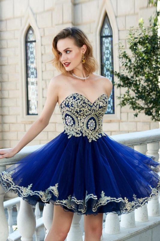 Sweetheart Gold Lace Beaded Blue Short Cheap Homecoming Dresses Online – QueenaBridal