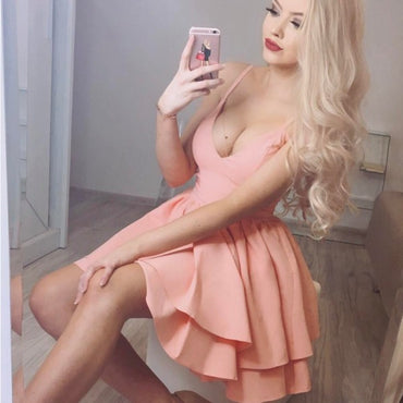 Sexy Spaghetti Strap Short Cheap Pink Satin Homecoming Dresses, QB0187