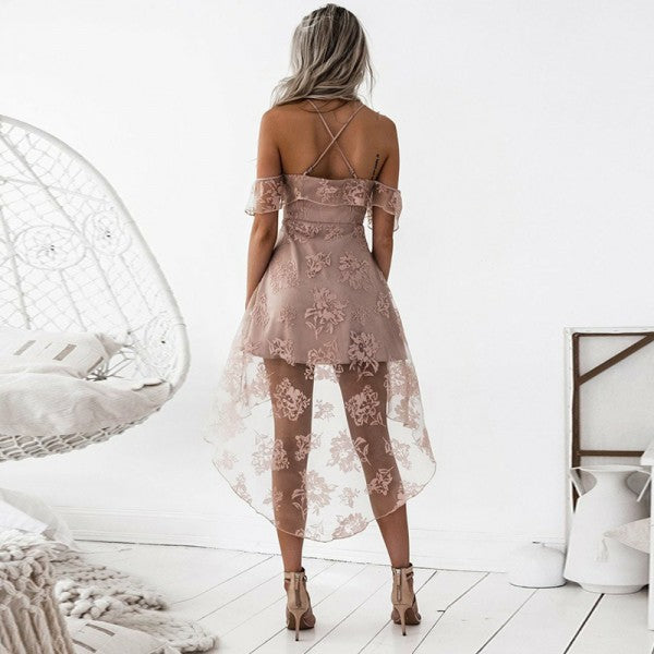 A-Line Spaghetti Straps High Low Blush Pink Lace Cheap Prom Homecoming Dresses, QB0074