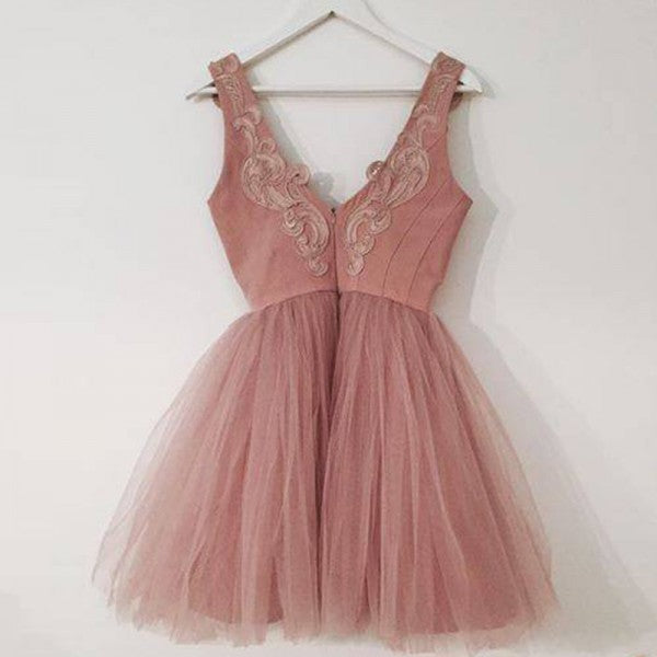 Pretty V-Neck Short Cheap Blush Pink Appliques Homecoming Dresses, QB0188