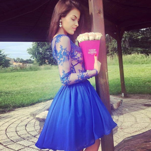 Pretty V-Neck Long Sleeves Royal Blue Short Cheap Homecoming Dresses, QueenaBridal Pretty V-Neck Long Sleeves Royal Blue Short Cheap Homecoming Dresses, QueenaBridal