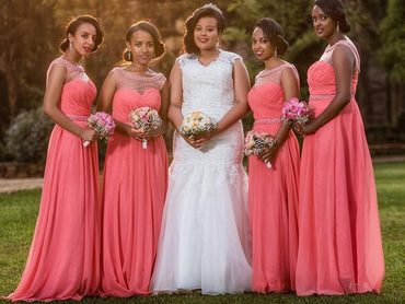 Coral Illusion Cap Sleeve Chiffon Custom Cheap Long Bridesmaid Dresses, WG242
