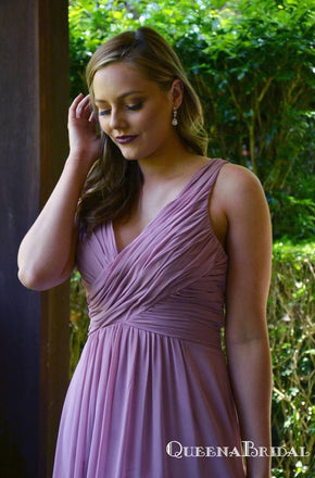 Charming V-neck Lavander Chiffon Long Cheap Floor-Length Bridesmaid Dresses, BDS0040