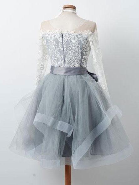 Long Sleeves Lace Grey Short Cheap Homecoming Dresses Online, CM576