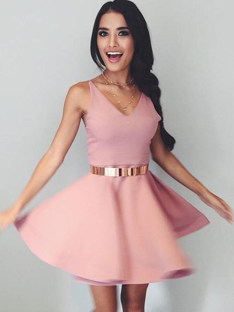 Dusty Pink V Neck Simple Short Cheap Homecoming Dresses Under 100, CM5 – QueenaBridal