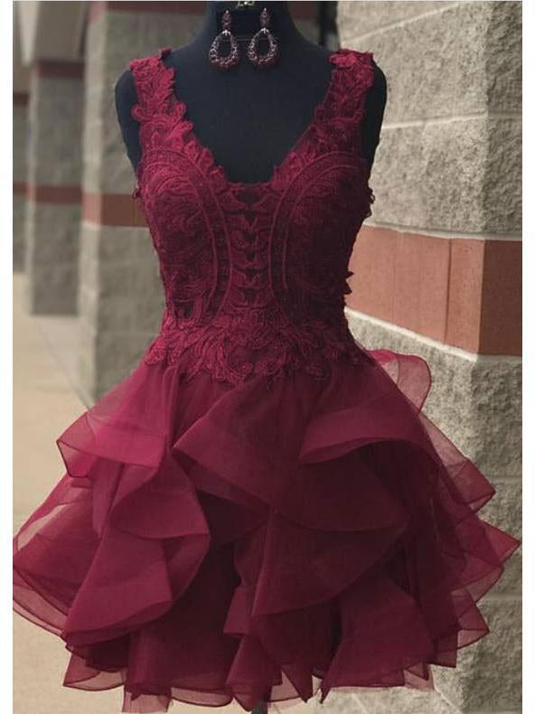 V Neck Burgundy Lace Short Cheap Homecoming Dresses Online, CM579