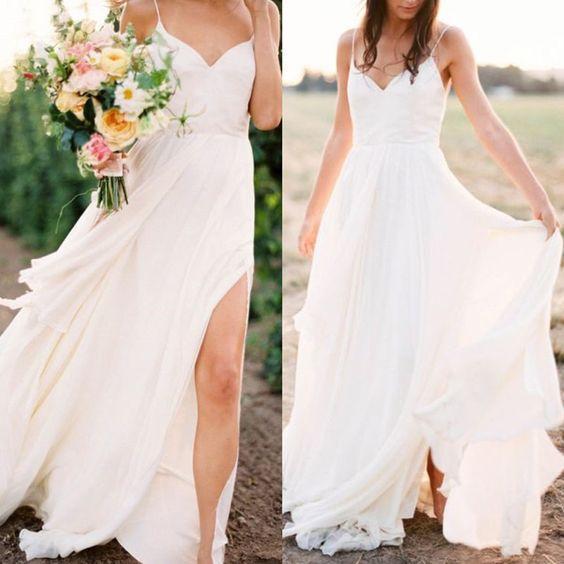 Casual Spahgetti Straps V Neck Side Slit Simple Beach Wedding Dresses, WD328