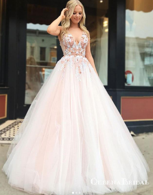 Charming Blush Pink Plus Size V Neck Tulle Ball Gown Prom Dresses, QB0 –  QueenaBridal