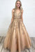 Ball Gown V Neck Open Back Gold Lace Long Prom Dresses with Beading, QB0583