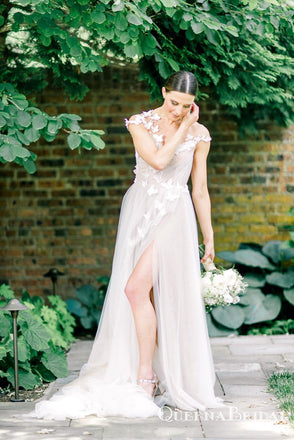 Simple A-Line Round Neck Backless White Tulle Wedding Dresses with Appliques, QB0811