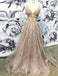 Champagne Long V Neck Appliques Prom Dresses With Beading, QB0612