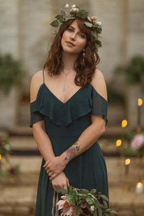 Simple Off-The-Shoulder Teal Chiffon Long Cheap Bridesmaid Dresses, BDS0057