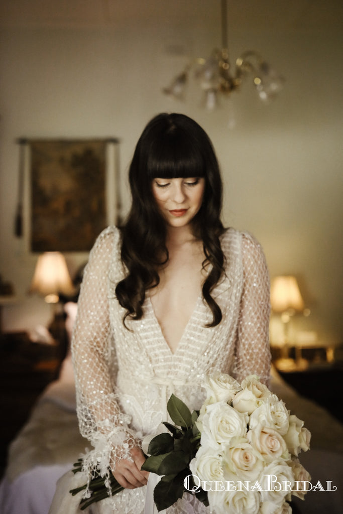 Romantic Deep V-neck Long Sleeves Lace Mermaid Long Cheap Wedding Dresses, WDS0021