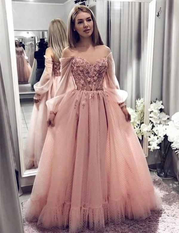 Pink Off The Shoulder Long Sleeve Long Cheap Tulle Prom Dresses With A QueenaBridal Pink Off The Shoulder Long Sleeve Long Cheap Tulle Prom Dresses With A QueenaBridal