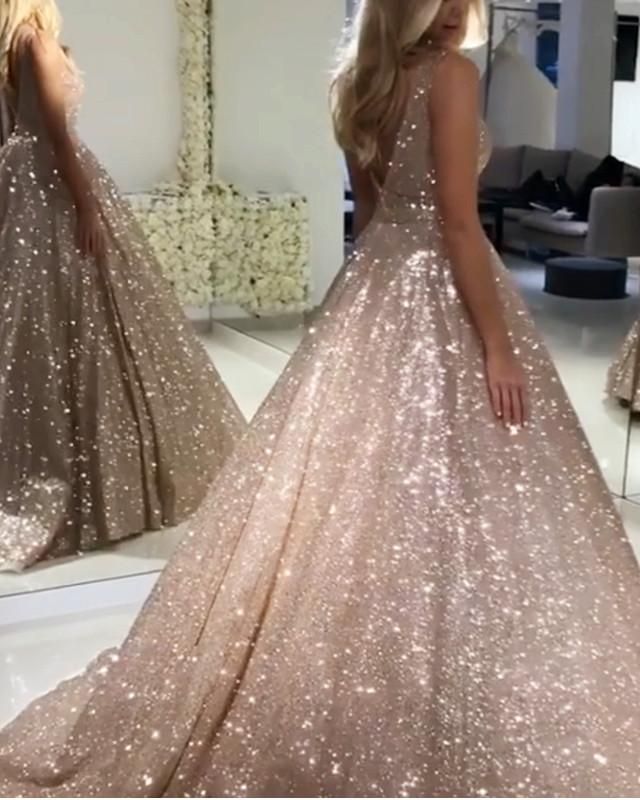 V Neck Sparkly Sequin A-line Long Evening Prom Dresses With Pockets, Cheap Custom Party Prom Dresses, PDS0076