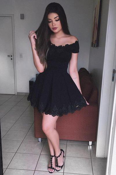 Off Shoulder Black Lace Simple Cheap Short Homecoming Dresses 2018, Li QueenaBridal Off Shoulder Black Lace Simple Cheap Short Homecoming Dresses 2018, Li QueenaBridal