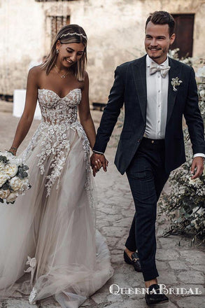 Romantic Sweetheart A-Line White Wedding Dresses with 3D Flower Applique, QB0819