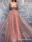 2019 Charming Chic A-line V-neck Pink Tulle Long Prom Dresses, QB0599