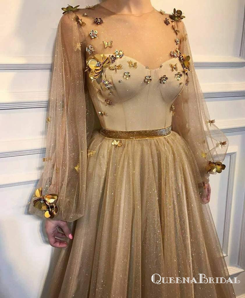 2019 Chic Scoop Long Sleeve Gold Long Cheap Prom Dresses With Applique, QB0606