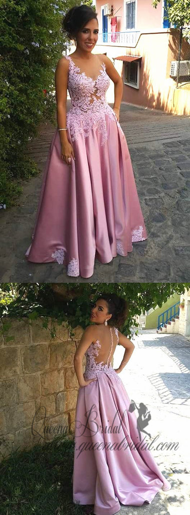 Charming Pink Scoop Long Cheap Prom Dresses Gown With Applique, QB0474