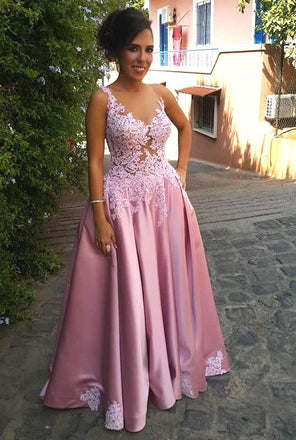Charming Pink Scoop Long Cheap Prom Dresses Gown With Applique, QB0474