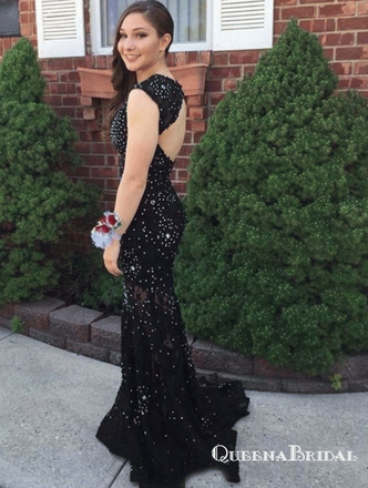 Beaded Long Black Evening Dresses Mermaid Formal Prom Dresses, QB0609