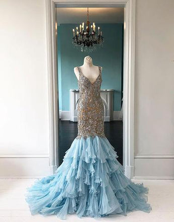 2019 Sparkly V-neck Beaded Long Mermaid Formal Prom Dresses, QB0464