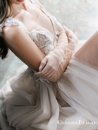 Sexy V-neck Ivory Tulle Lace Appliqued Side Slit A-line Long Cheap Wedding Dresses, WDS0023