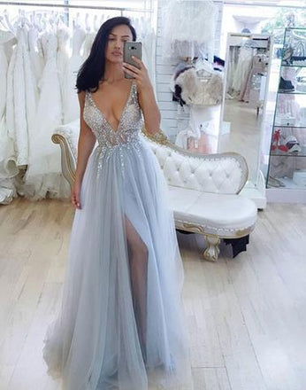 Deep V-Neck Beaded Sky Blue Tulle Formal Prom Dresses With Side Slit, QB0463