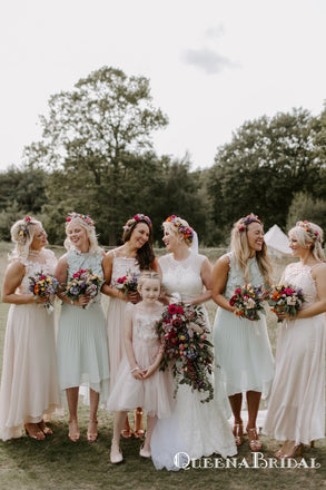 Mismatched Cute Charming Top lace Appliqued Chiffon High Low Long Cheap Bridesmaid Dresses, QB0946