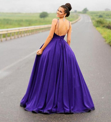 Elegant Purple round neck Long Backless Cheap Prom Dresses, QB0473