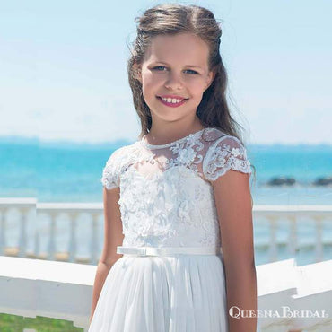 New Arrival Round Neck Short Sleeve Off-White Chiffon Long Cheap Flower Girl Dresses, FGS0008