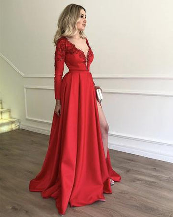 Stylish Embroidery Beaded Long Sleeves Satin Evening Prom Dresses, QB0781