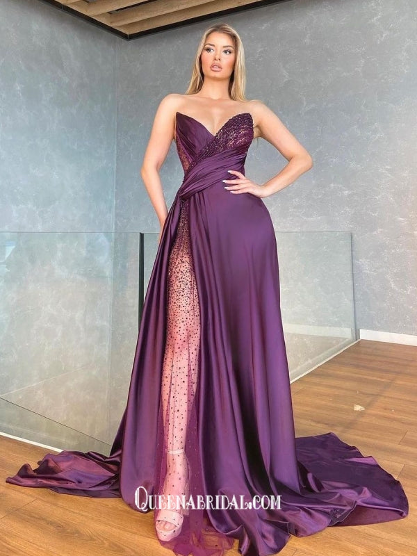 Grape Strapless Soft Satin Pleats See Through Sequins Slits A-line Evening Gowns Prom Dresses , QBP007