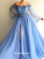 Graceful Blue Tulle Appliques Beads Puffy Sleeves A-line Evening Gowns Prom Dresses , QBP012