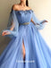 Graceful Blue Tulle Appliques Beads Puffy Sleeves A-line Evening Gowns Prom Dresses , QBP012