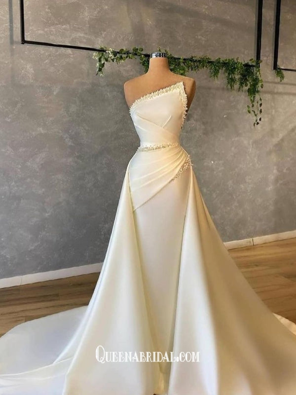 Graceful Ivory Satin Strapless Pleats With Pearls A-line Evening Gowns QueenaBridal Graceful Ivory Satin Strapless Pleats With Pearls A-line Evening Gowns QueenaBridal