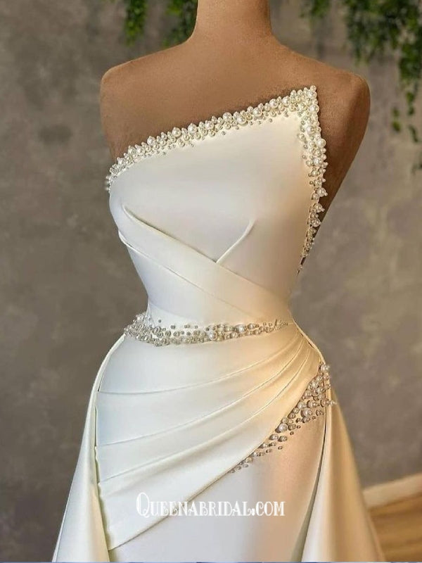 Graceful Ivory Satin Strapless Pleats With Pearls A-line Evening Gowns Prom Dresses , QBP013