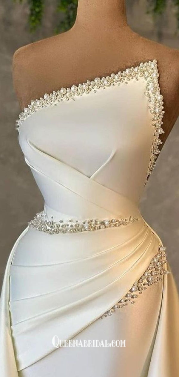Graceful Ivory Satin Strapless Pleats With Pearls A-line Evening Gowns QueenaBridal Graceful Ivory Satin Strapless Pleats With Pearls A-line Evening Gowns QueenaBridal