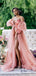 Pink Deep V-neck Criss Cross Lace-up Bubble Sleeves Tulle Slits A-line Evening Gowns Prom Dresses , QBP017