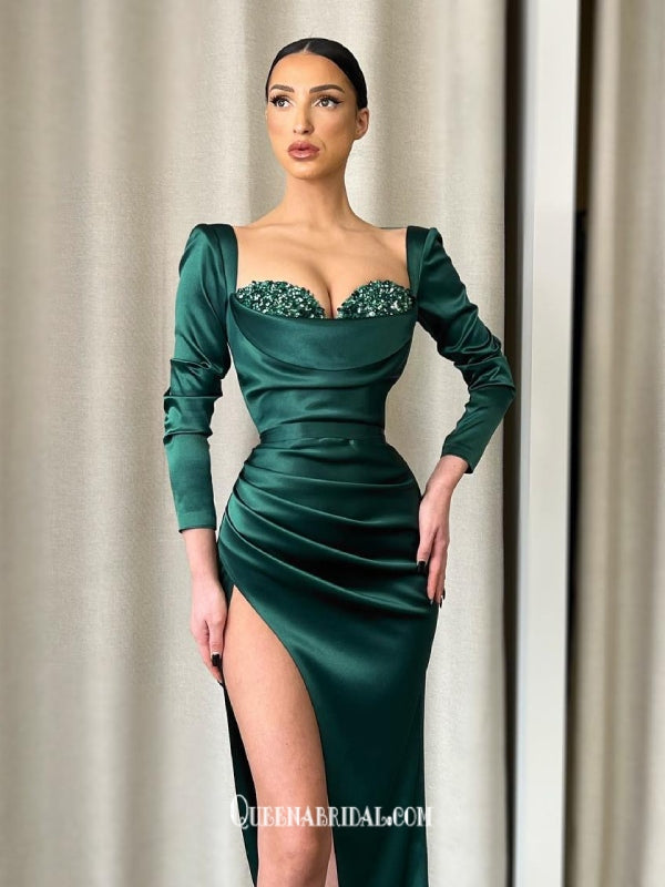 Gorgeous Soft Satin Sweetheart Sequins Long Sleeves Pleats Mermaid  Evening Gowns Prom Dresses , QBP019